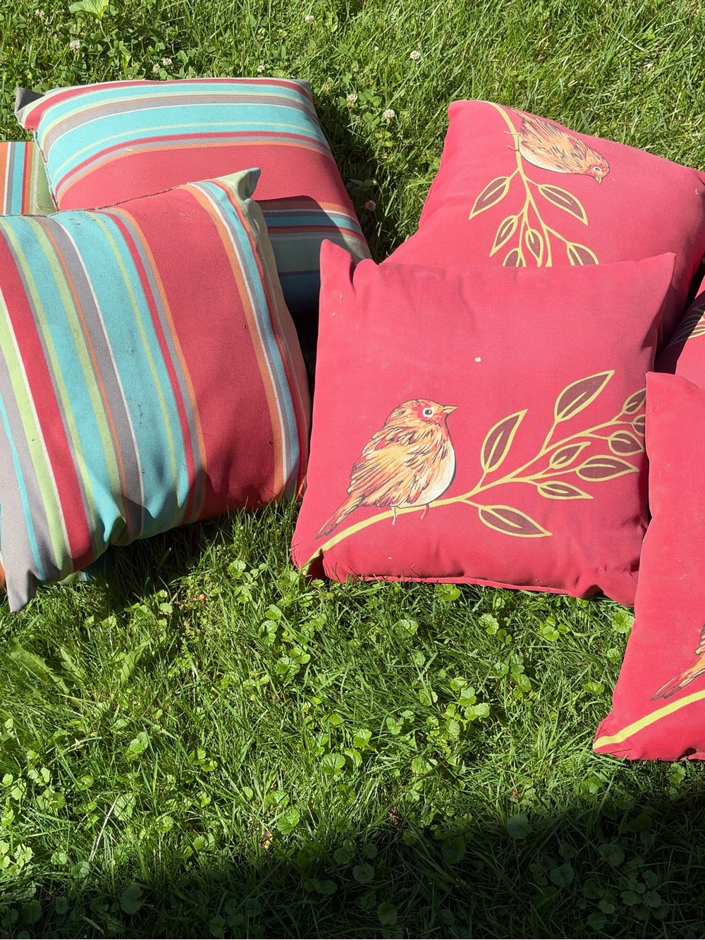 Set of Outdoor Throw Pillows - Coral Bird & Striped